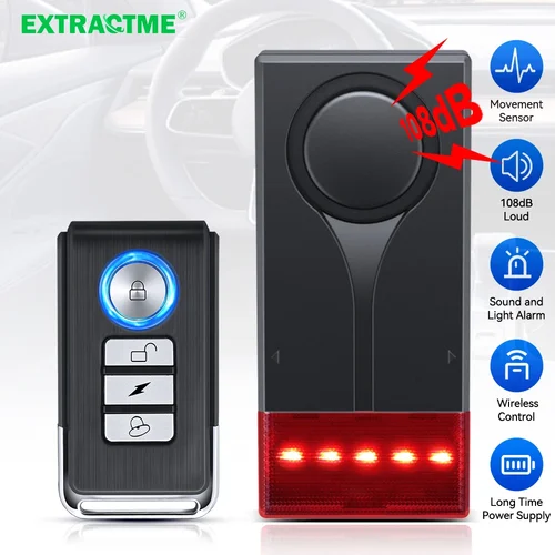 Imagen 1 del producto Extractme-alarma de luz y sonido antirrobo para coche, sistema de alarma Interior de seguridad para puerta y ventana remota inalámbrica de 108dB