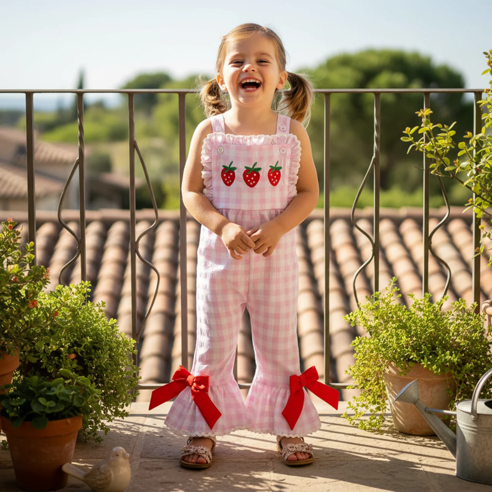 1-5Y Toddler Girls Romper Jumpsuit Sleeveless Plaid Strawberry Embroidery Bell Bottom Overalls Kids Summer Clothes