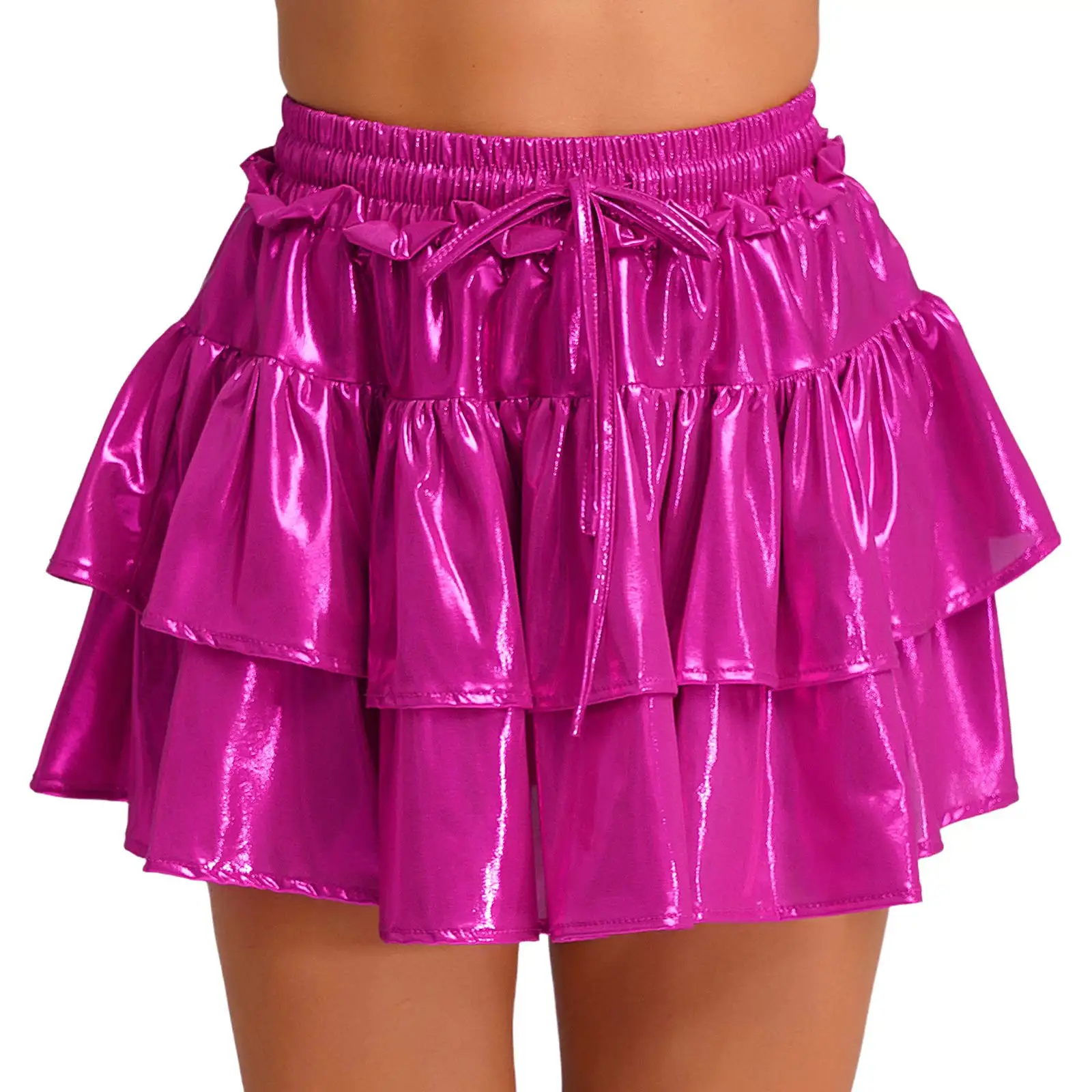 

Women Metallic Shiny Mini Skirt Elastic Waistband Drawstring Tiered Ruffles Skirts High Waist Miniskirt Party Clubwear Streetwea