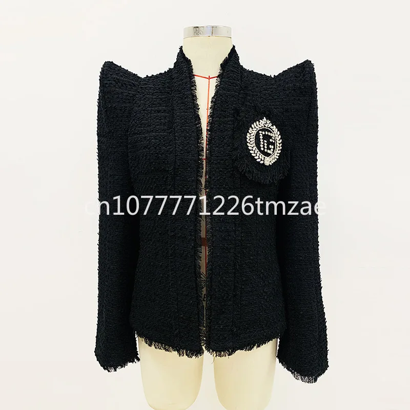 Women\'s Shawl Collar Rhinestone Badge Solid Color Thick Short Chic Vintage Jacket, Elegant Tweed Coat Top