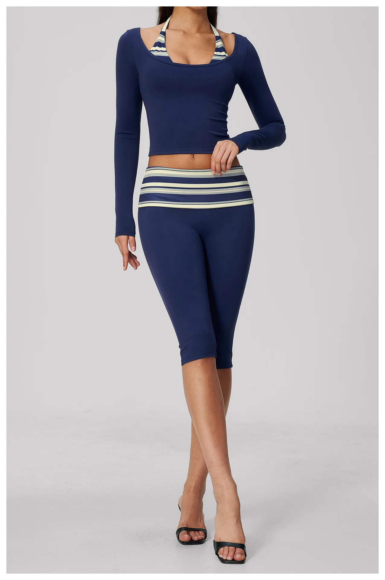 Women Yoga Workout 2Pcs Suit Long Sleeve Cropped Top Striped Fold Waist Knee Length Leggings Nude Feel Gym Pilates Running Sport
