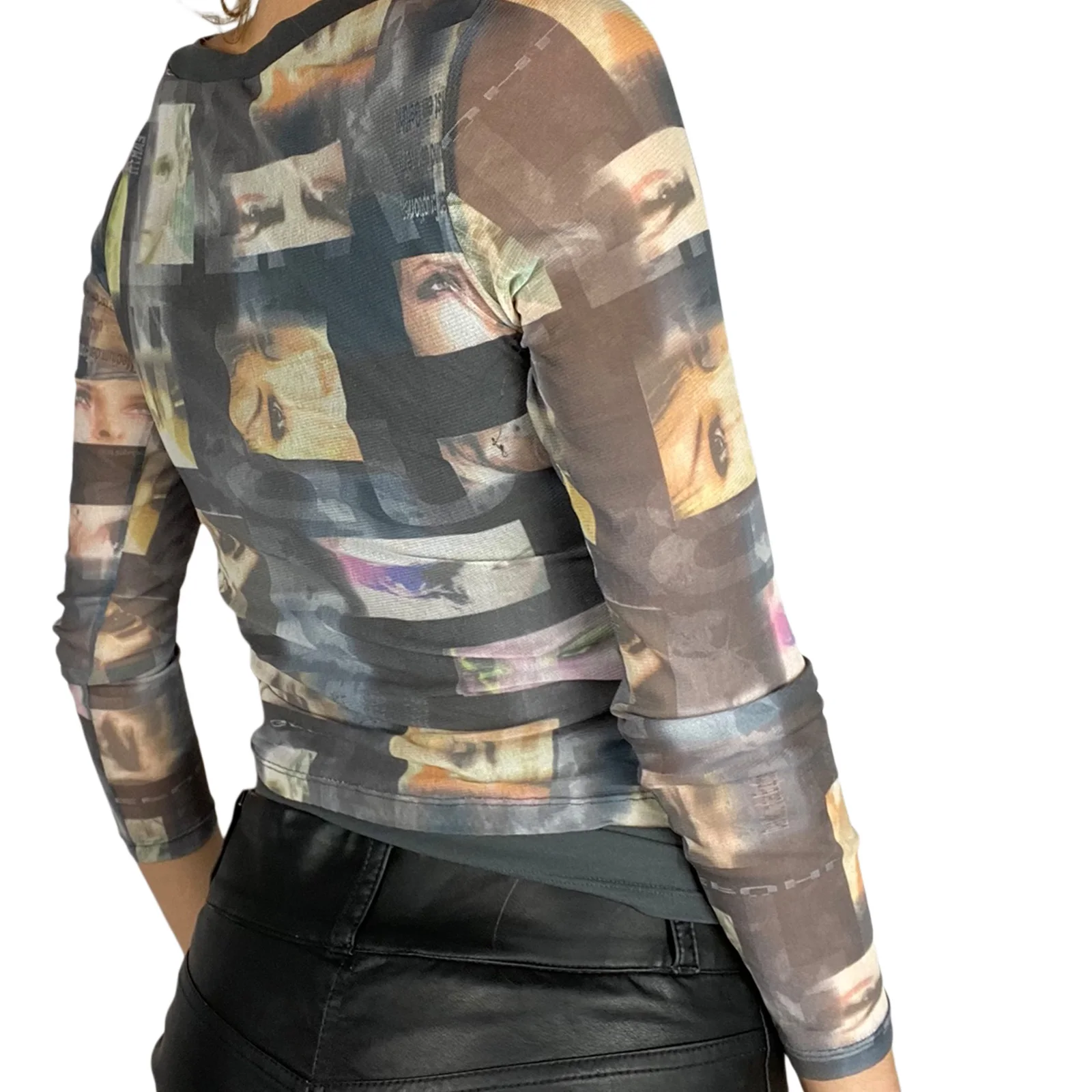 Women Sheer Mesh Tops Y2k Long Sleeve Face Portrait Graphic Print Crop Top  Fit Blouse Tee Shirt