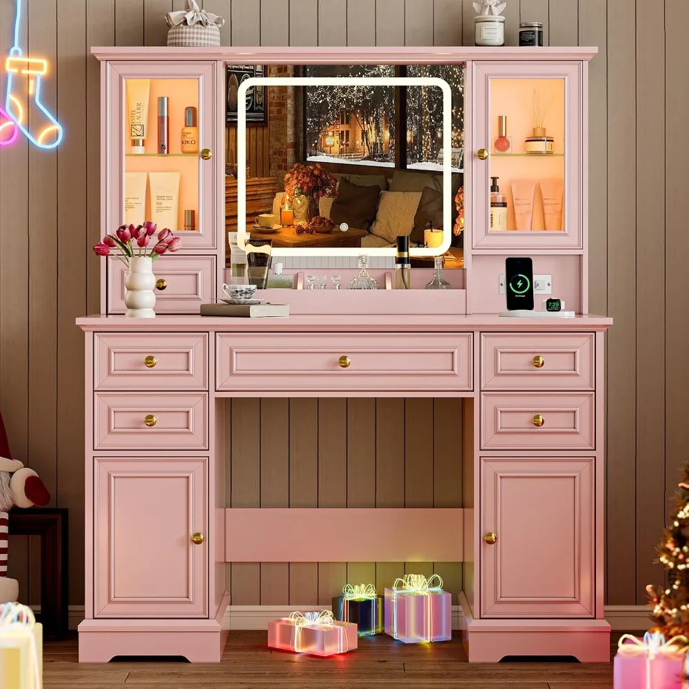 Pink Vanity Desk with Lighted Mirror, Outlet & USB, 6 Drawers, 2 Glass Cabinets