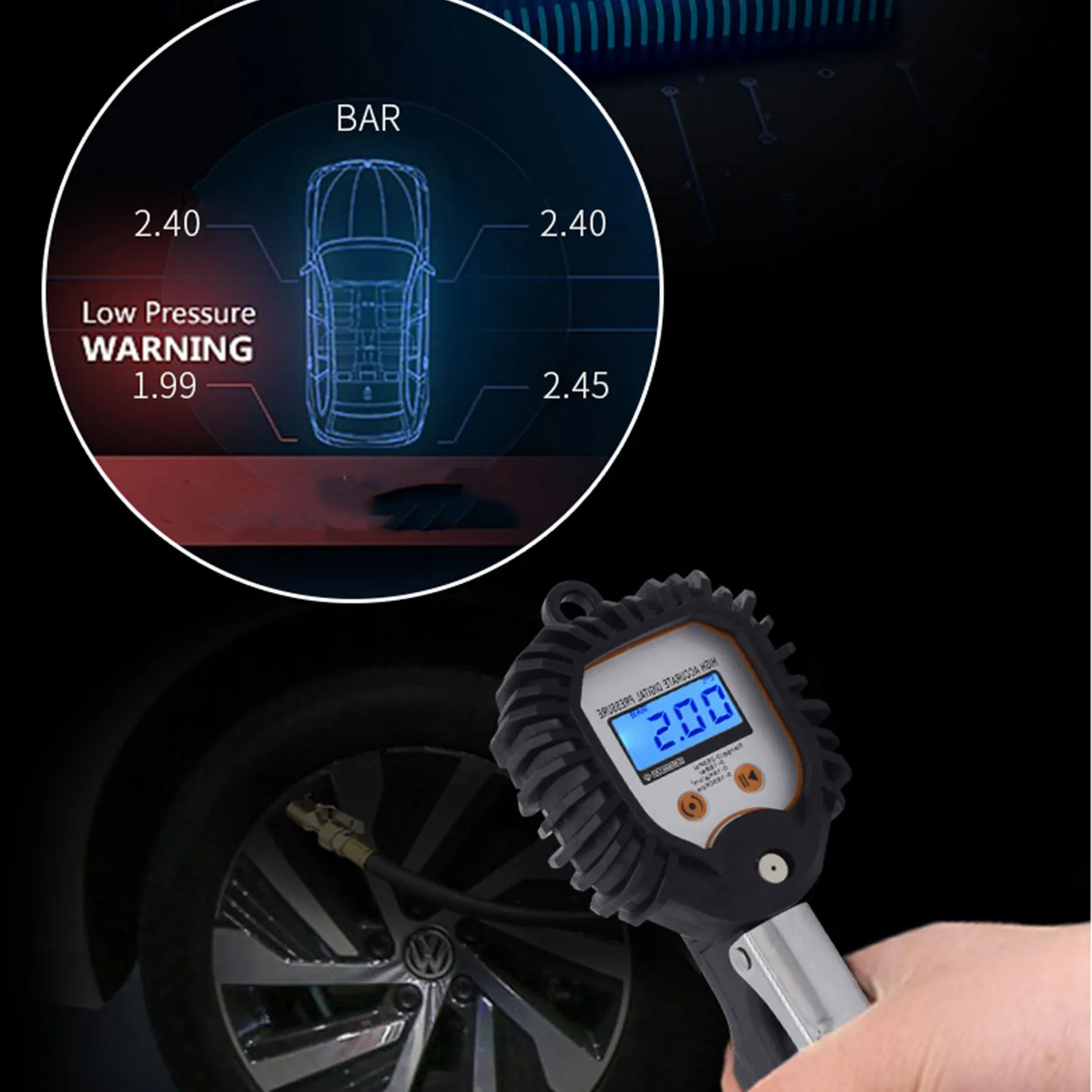 Digital Tire Pressure Gauge 255 PSI Auto Tire Gauge with 4 Settings Tyre Accessories with Wide Backlit LCD Screen Air Chuck