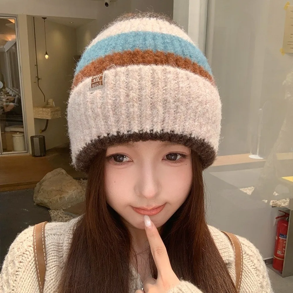 Wool Acrylic Mix Stripe Knitted Beanie Ear Protection 56cm to 58cm Head Circumference Warm Winter Beanie Stretchable Fit Earflap