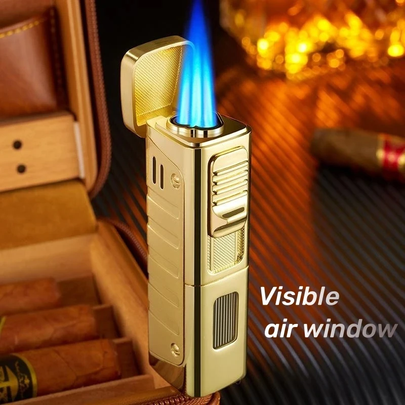 

Outdoor Windproof Metal Turbine Torch Big Fire Three Direct Charge Gas Lighter Kitchen Barbecue Cigar Camping Lighter Men's Gift