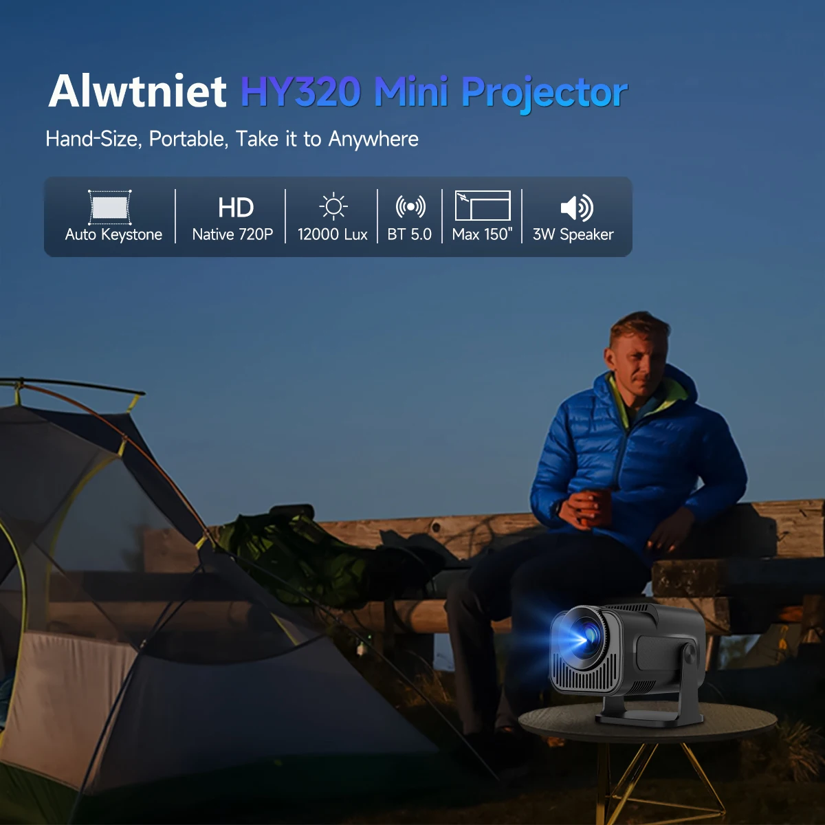 Alwtniet HY320 ミニ新ネイティブ 720P Android 11 4K プロジェクター 300ANSI Wifi6 BT5.0 シネマ屋外ポータブル 180 °   回転式プロジェクター