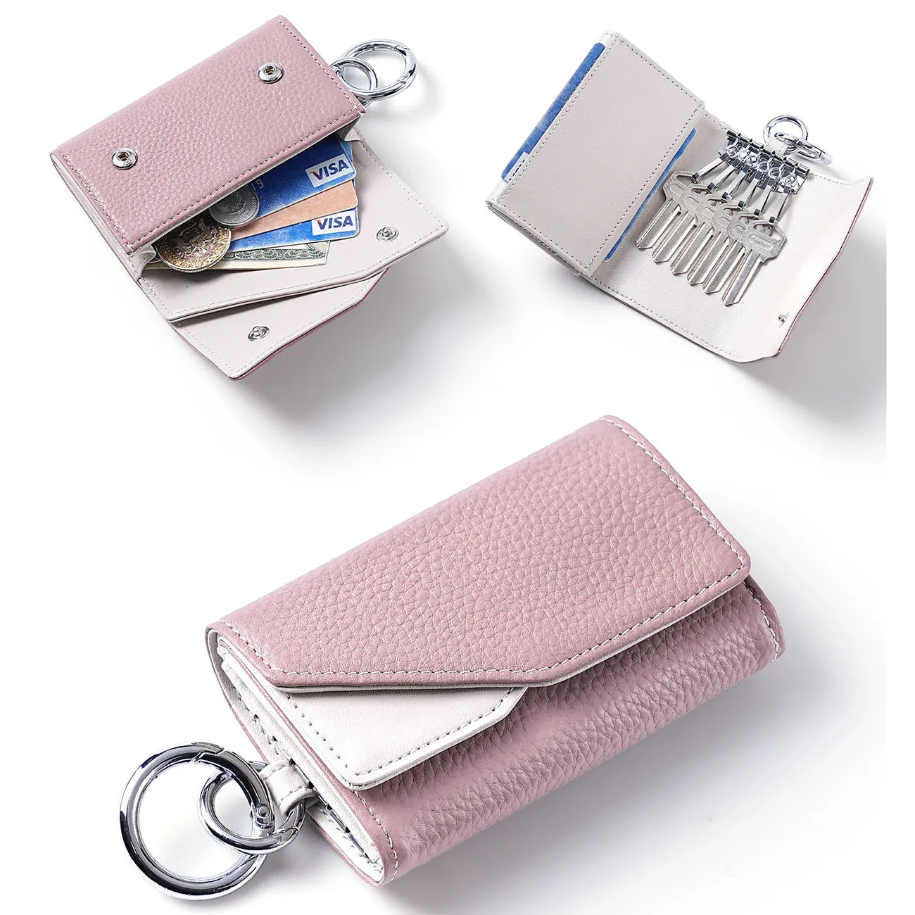 Genuine Leather Trifold Key Holder - Lightweight Japanese Style Large Capacity Coin Purse with Card Slots