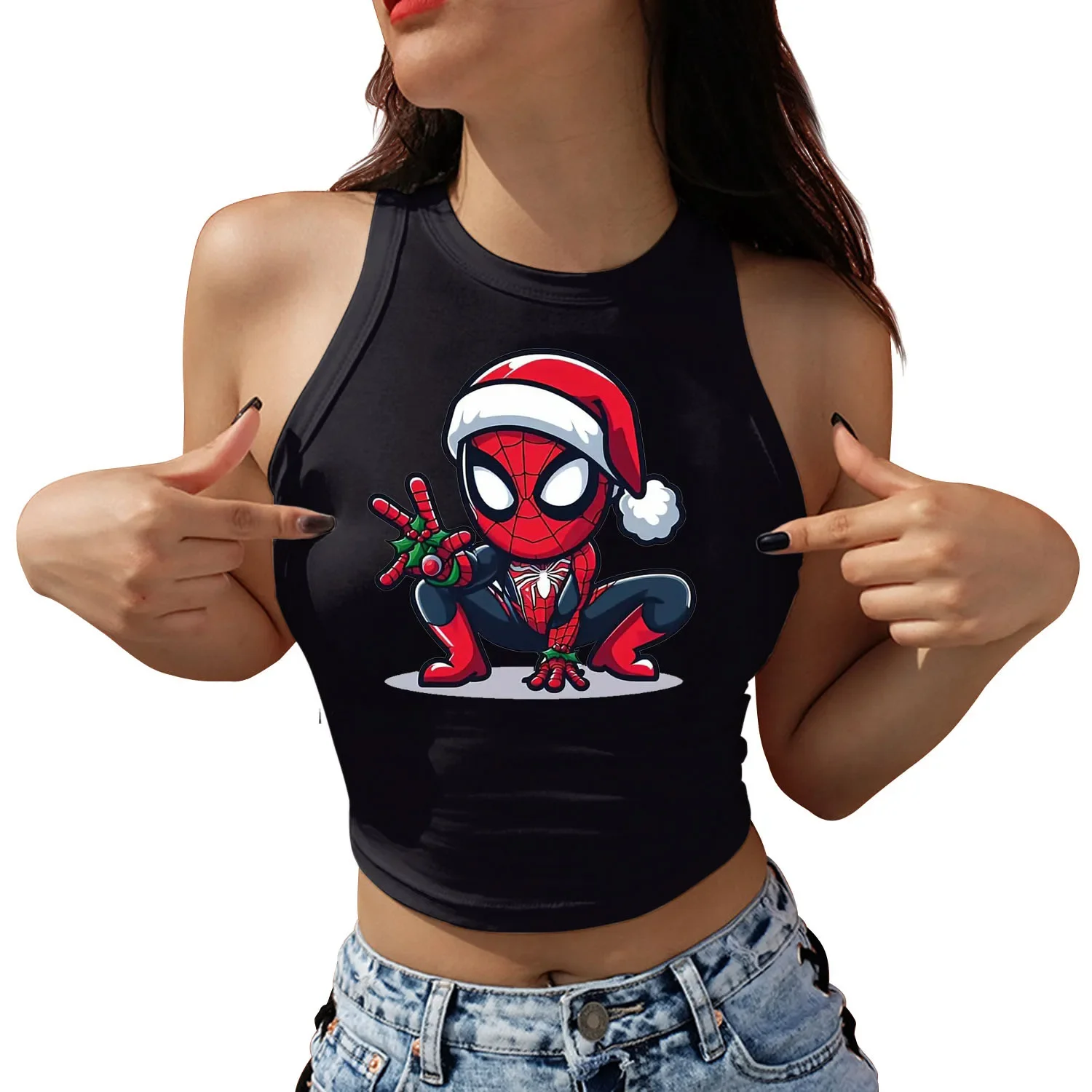 

Superhero Funny Print Crop Tops Christmas Woman Sleeveless Shirts Girls Sexy Streetwear O-neck Fashion Streetwear Female Tops