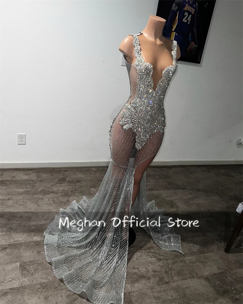 Silver O N Bead Crystal Long Prom Dresses Black Girl Rhinestone 2024 Birthday Luxury Dress Evening Gown With Split Customized