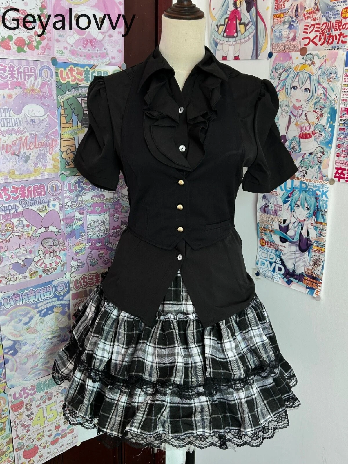 

Новая летняя черно-белая блузка в японском стиле с элементами готики и панка, с кружевом, короткий рукав, элегантный топ