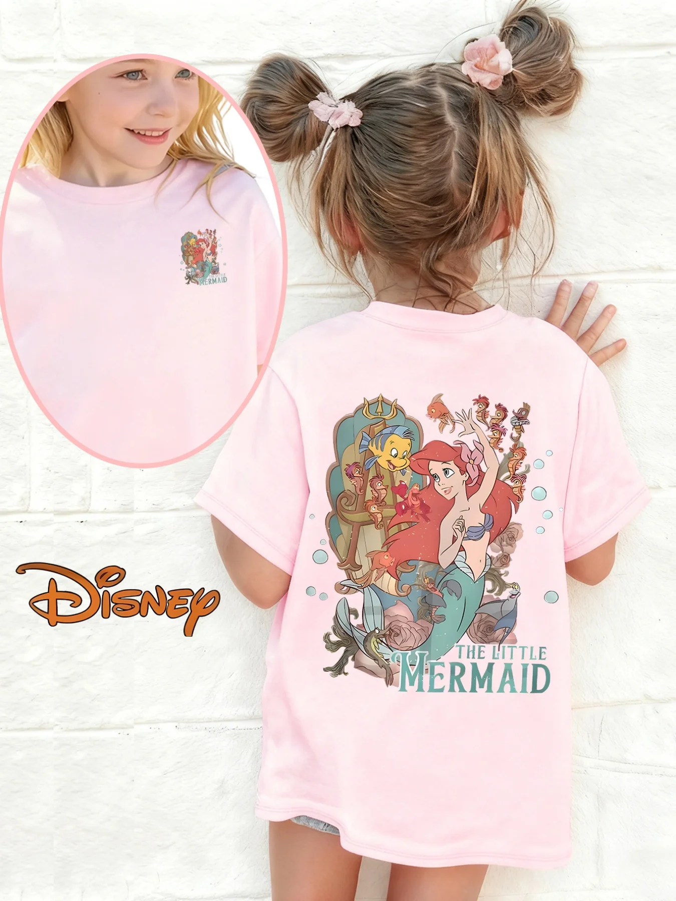Disney Sommer-Kurzarm-Top mit Aufdruck „Kleine Meerjungfrau in einer magischen Meeresszene“ für Mädchen, Rundhals-Tops