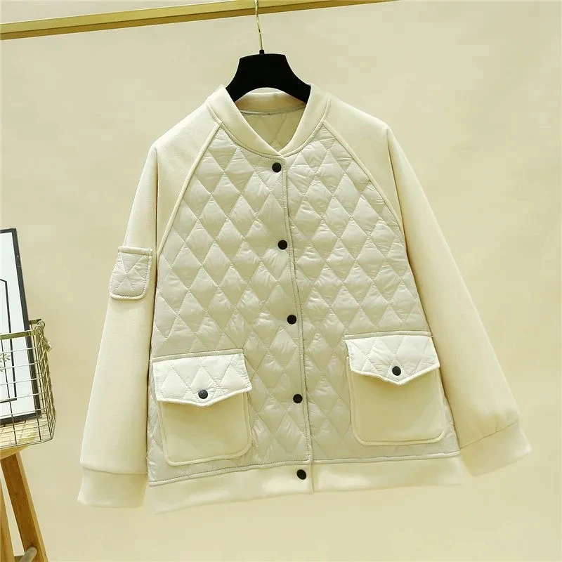 2024 New Cotton Jacket Female Patchwork Fashion Autumn Winter Casual Diamond Short Coat Women\'s Loose Baseball Outwear