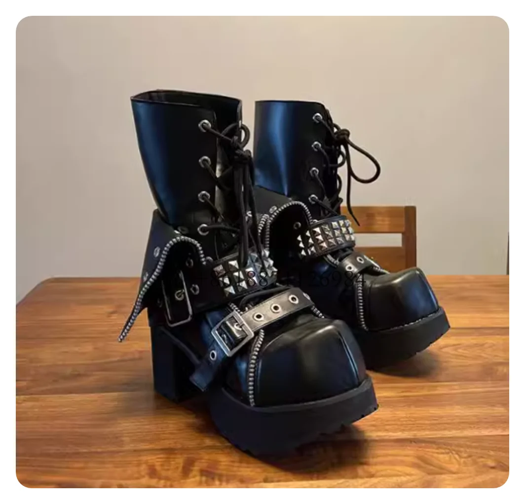 Punk Style Customized Color Square Toe Ankle Platform Women Boots With Rivet Chunky High Heels Lace Up Design Large Size Shoes