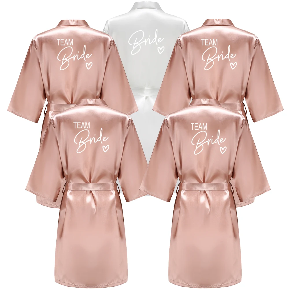 

Wedding Party Team Bride Robe Kimono Satin Pajamas Bridesmaid Bathrobe With White Letters YE8171