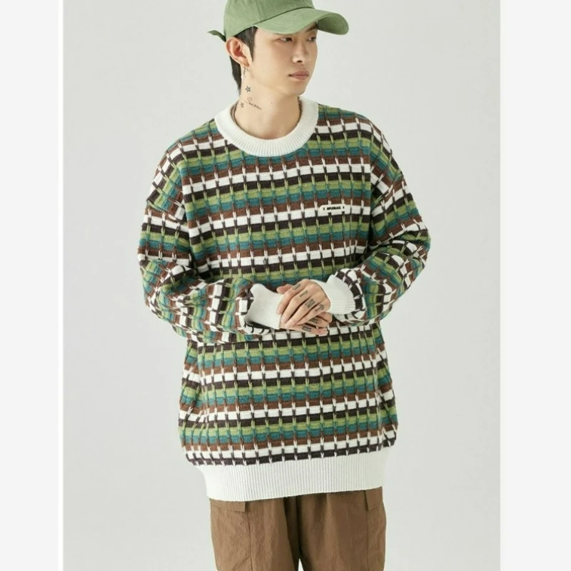 Fashionable Casual Loose Round-neck Knitted Sweater Color-blocking Striped Woven Pullover for Both Men Women Autumn New Style