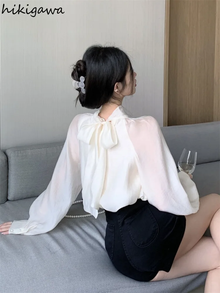 Temperament Ladies Tops Blouses Women Long Sleeve Bandage Bow Vintage Shirts Camisas De Mujer Solid Color Loose Summer  Blouse