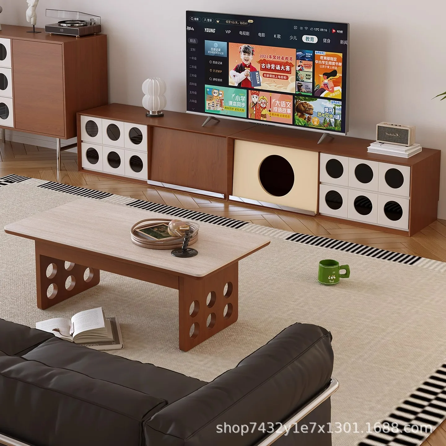 Nordic module solid wood combination TV cabinet storage display cabinet medieval small apartment living room floor audio-visual