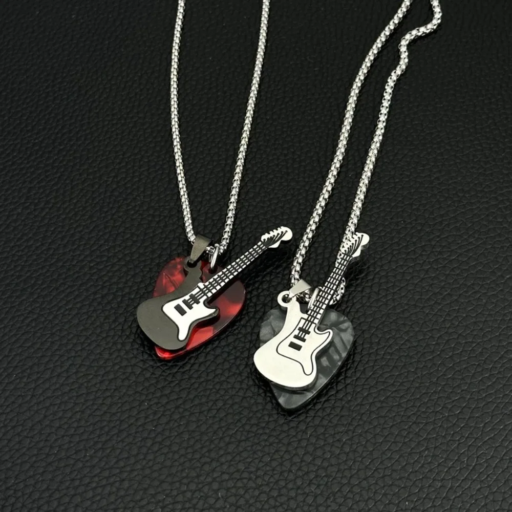 Hip-hop Guitar Pick Pendant Necklace Titanium Steel Trendy Guitar Chain Choker Punk Vintage Electric Guitar Sweater Chain Unisex