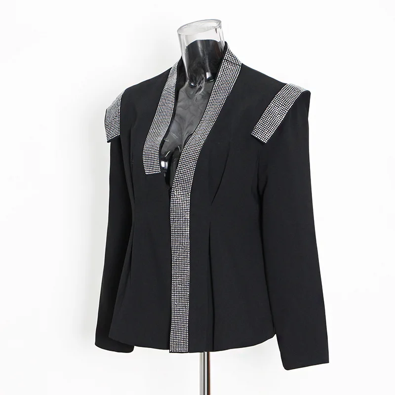 ZAMOR HIGH STREET Women's Runway Blazer Rhinestone Splicing Shoulder Pad Long Sleeve Heavy-Duty Design Single-Breasted Suit Jack