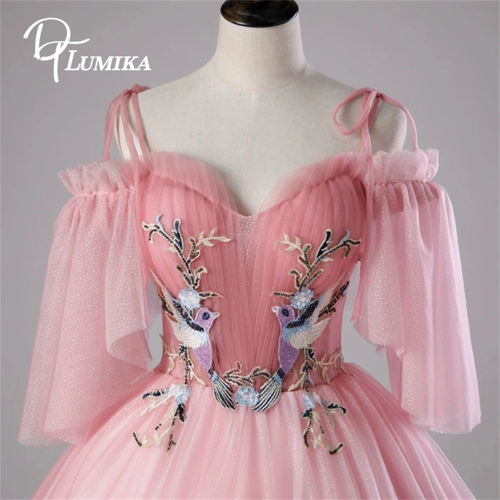 DTLumika Lovely Pink Tulle Prom Dress for Women, Floral Appliques Sweet 15 16 Dresses Simple Evening Gowns Wedding Guest Dresses