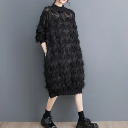 #3341 Black Irregular Midi Dress Women Tassels Loose Thin Perspective Retro Dress Ladies Stand Collar Fringe Dress Female Spring