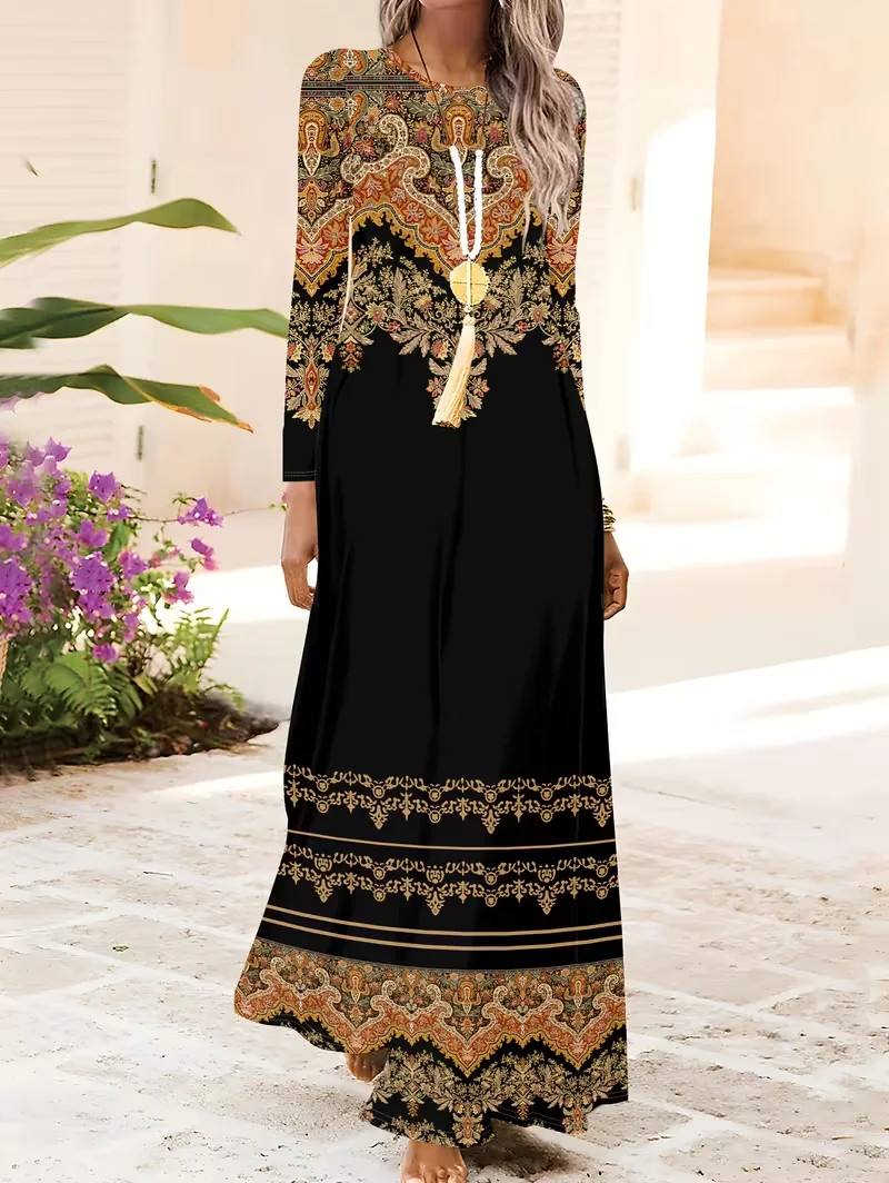 Women Maxi Dress Long Sleeve O-Neck Vintage Ethnic Floral Print A Line Long Dress Casual Holiday Beach Party Long Dress Autumn