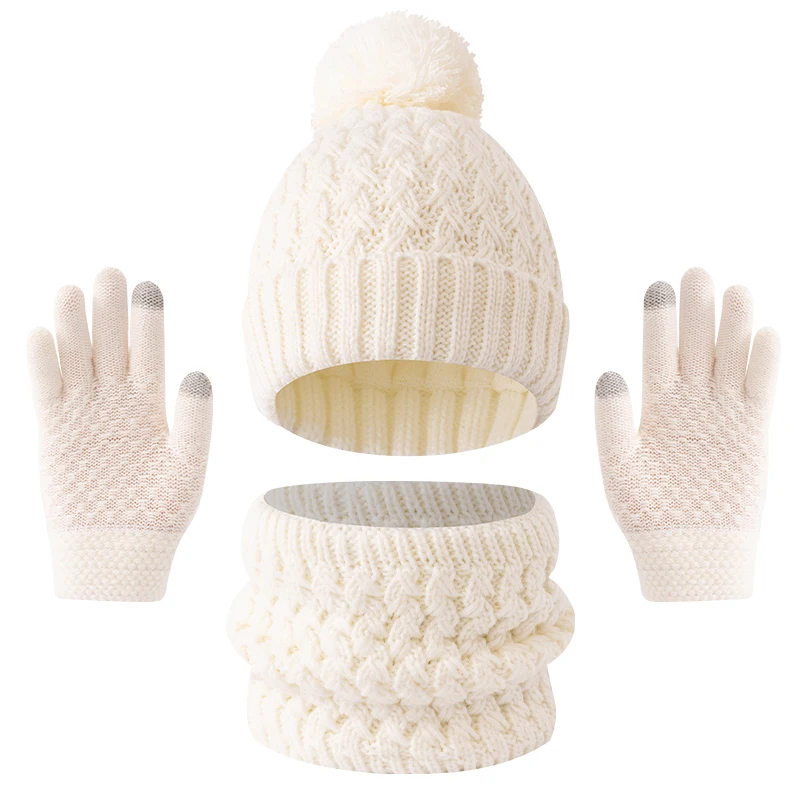 3PC3-12Y Solid Color, Fleece and Thickened Children's, Boys' and Girls' Hats, Scarves and Gloves Set