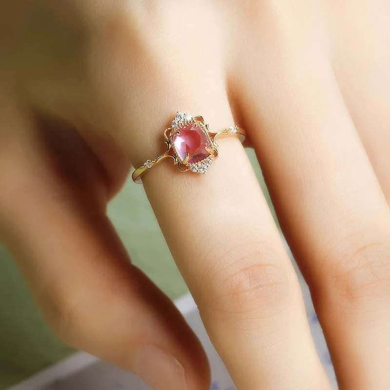 LAMOON Vintage Court Style Pink Corundum Princess Ring For Women 925 Sterling Silver Gold Plated Fine Jewelry Wedding Engagement