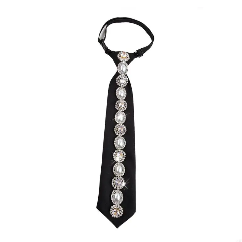 HX6F Women's Stylish Black Necktie Crystal Pearls Adornments Pre Tied Adjustable Tie