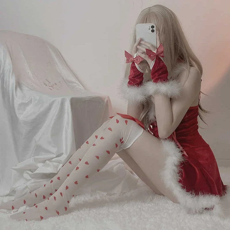 ハートプリント女性ストッキングサイハイソックスストッキング赤弓甘い女の子ニーハイソックスサイハイストッキング JK ロリータ