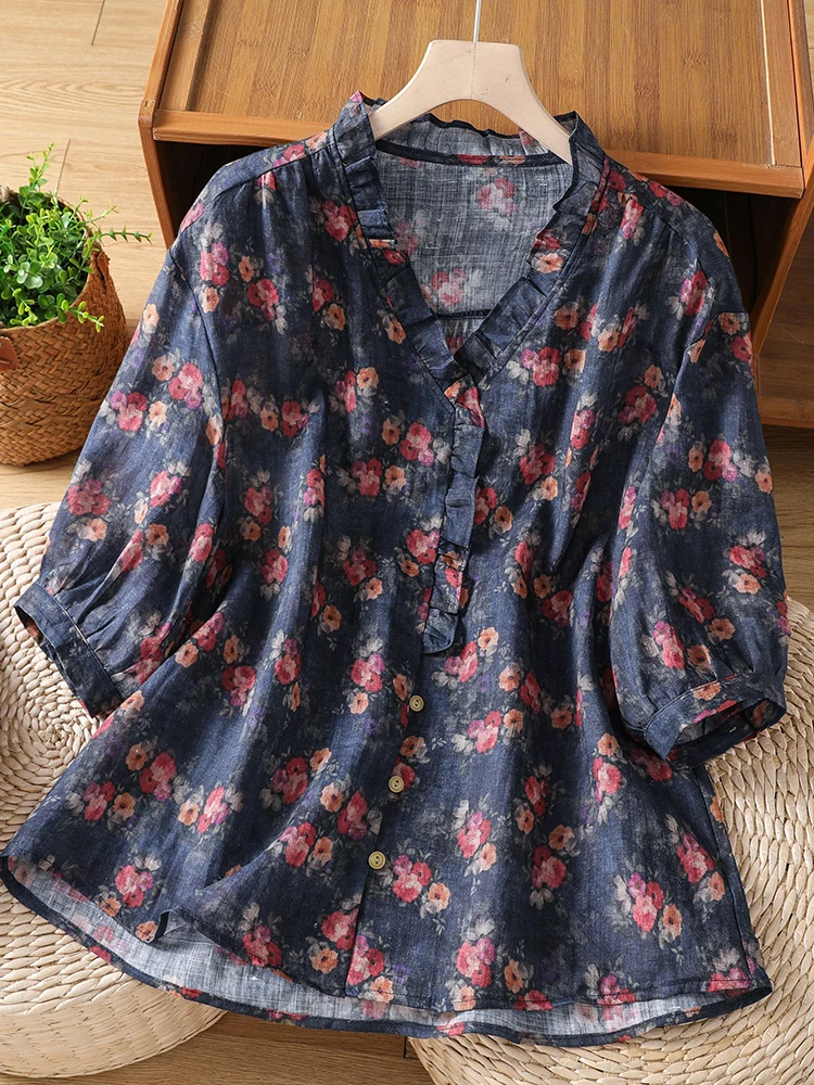 

Elegant Large Size Women's Shirt Summer Floral Print V-Neck Breathable Comfortable Korean Style Casual Loose Fit Blouse