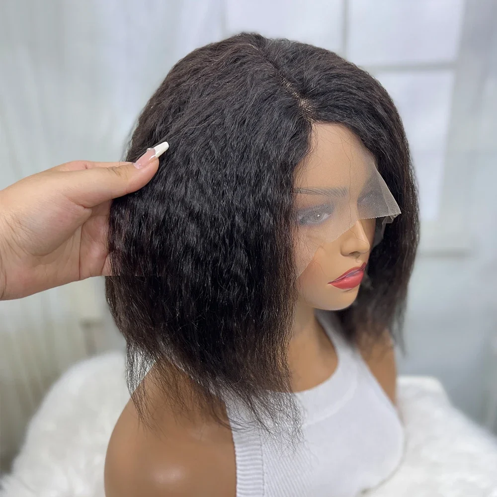 16“ Black Kinky Straight Short 180Density Lace Front Wig For Women With BabyHair Heat Resistant Glueless Preplucked Synthetic