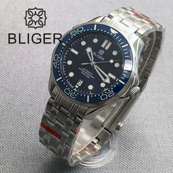 BLIGER 41mm Watch For Men NH35 Automatic Mechanical Wristwatch Blue Dial Ceramic Bezel Luminous Waterproof 6 O'clock Date Window