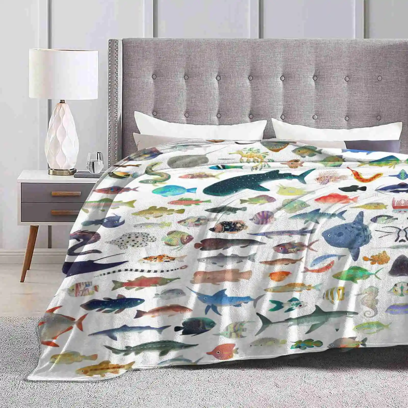 One Hundred Fish New Selling Custom Print Flannel Soft Blanket Marine Life Marine Science Marine Biology Ocean Life Beach