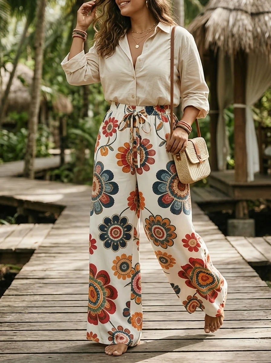 Summer New Ethnic Floral Print Flowing Wide-Leg Long Pants, High-Waist Drawstring Loose Niche Summer Wear Plus Size Trousers