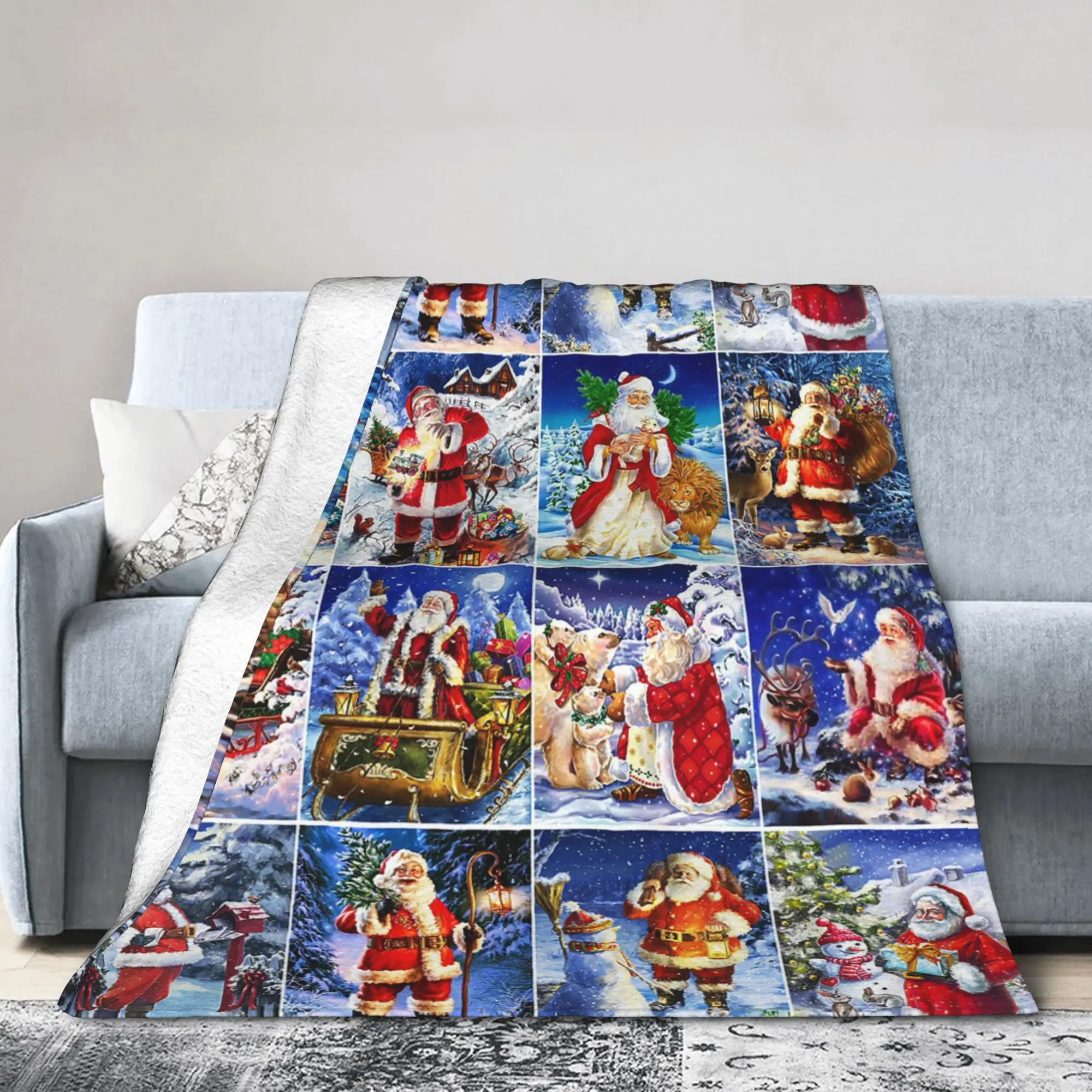 Merry Christmas Blanket Cover Santa New Year  Flannel Throw Blankets Airplane Travel Portable Lightweight Bedsprea