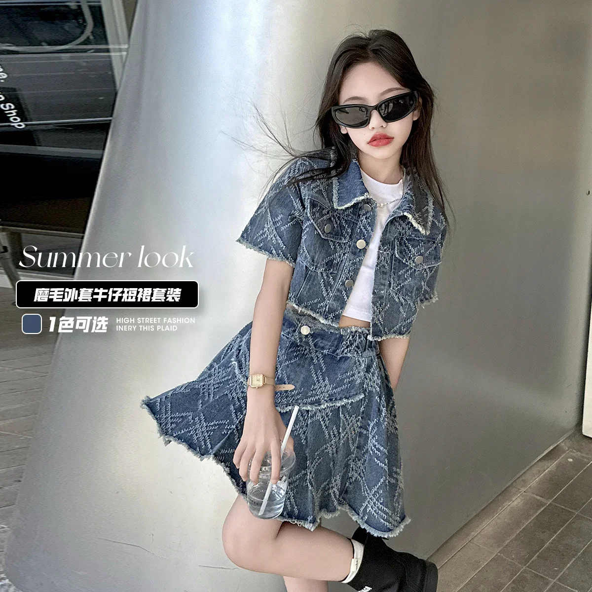 summer teen girls denim skirt clothes set short Brushed denim jacket+Pleated skirt 2pcs kid suit child outfit conjuntos de falda