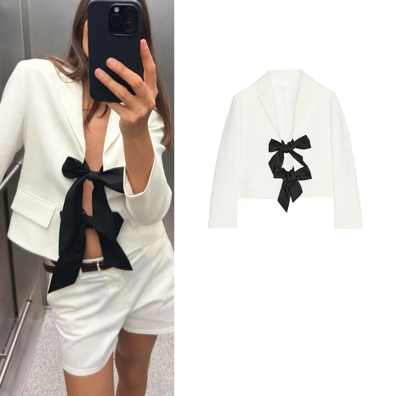 

Summer Women's Long Sve Turn-down Collar Suit Jaet with Bow Tie Color Blo Design Commute Sle Slim Fit ort Length