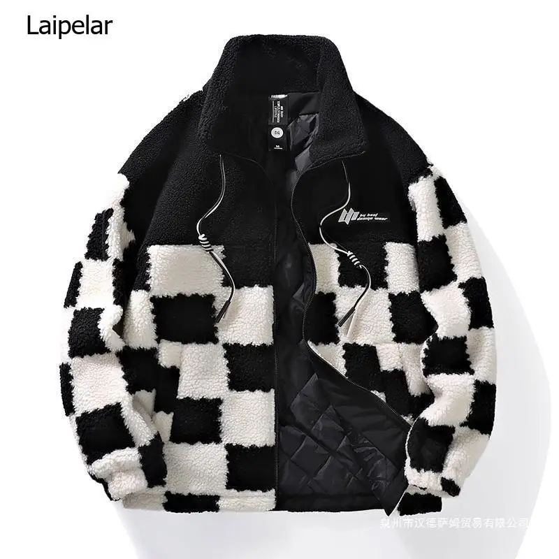 

Men's Fleece Coat Women Loose Fashion Plaid Graphic Zipper Jacket Winter Soft Warm Harajuku Turtleneck Male Fleece Coats