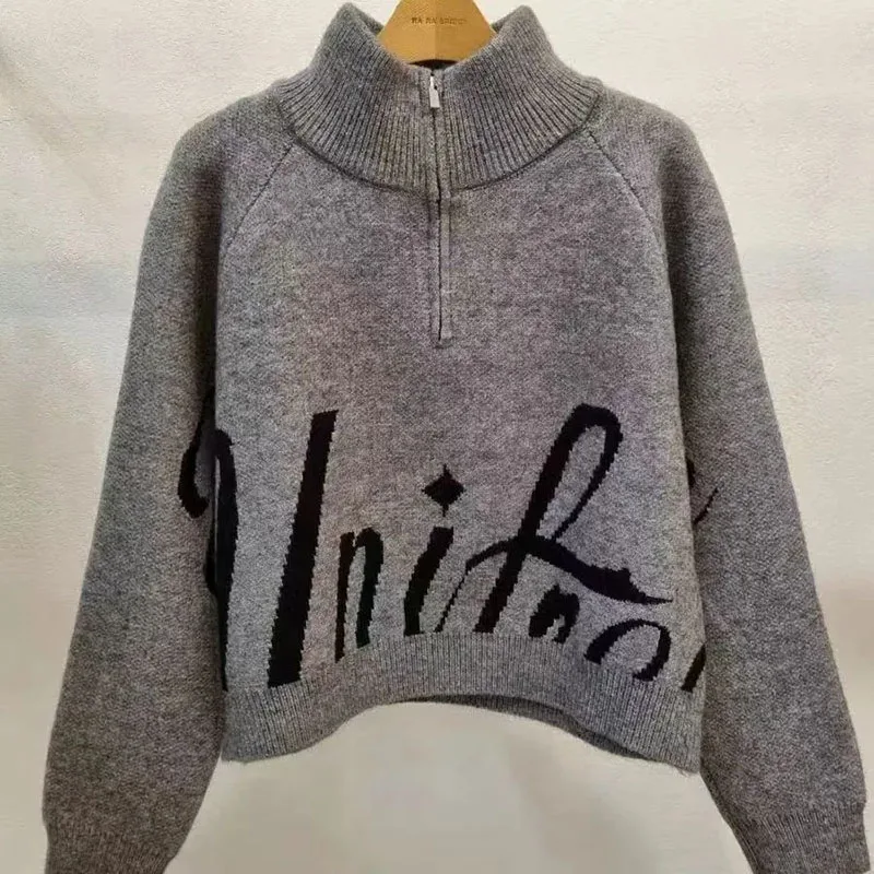 

Новый женский пуловер на молнии с лацканами, свободный уникальный свитер с буквами, пуловер с длинными рукавами, свободный дикий круглый вырез, мягкий и свитер