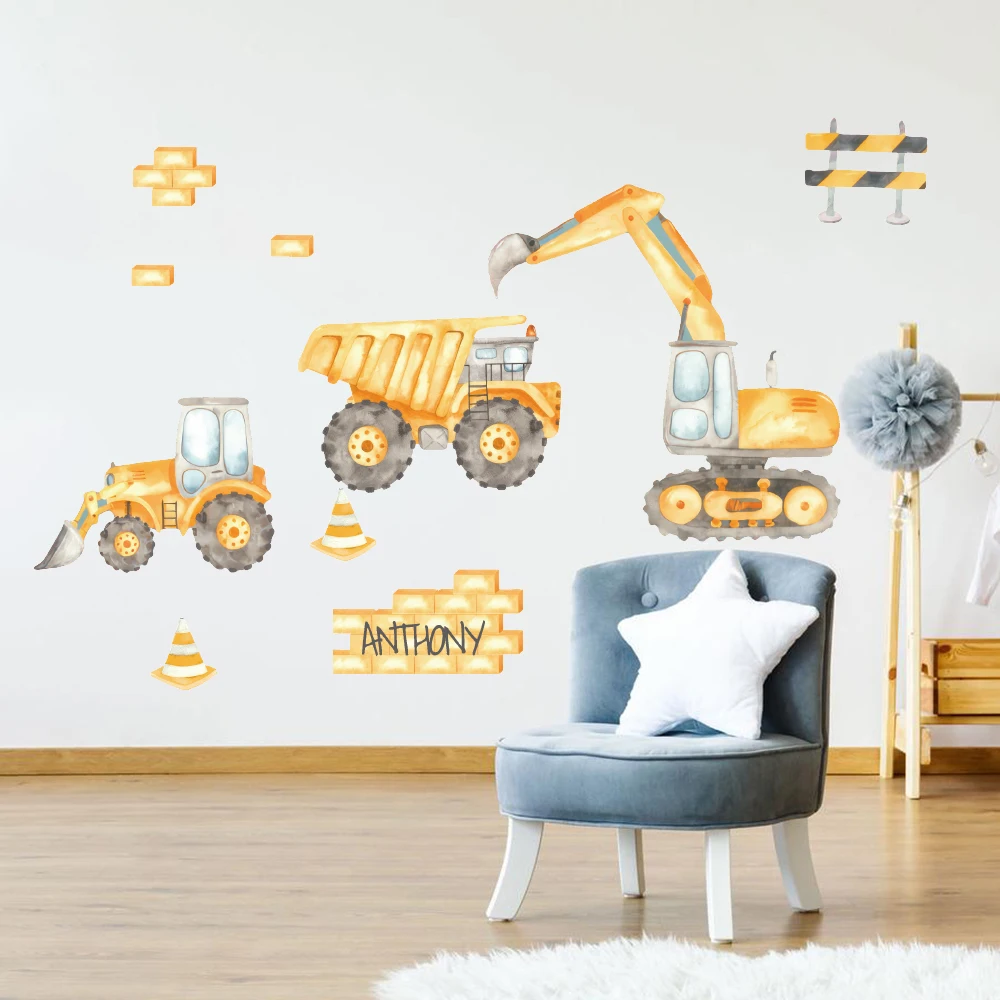 Custom Name Consturction Crane Excavator Truck Wall Sticker Boy Room Kidsroom Building Truck Wall Decal Playroom Decor