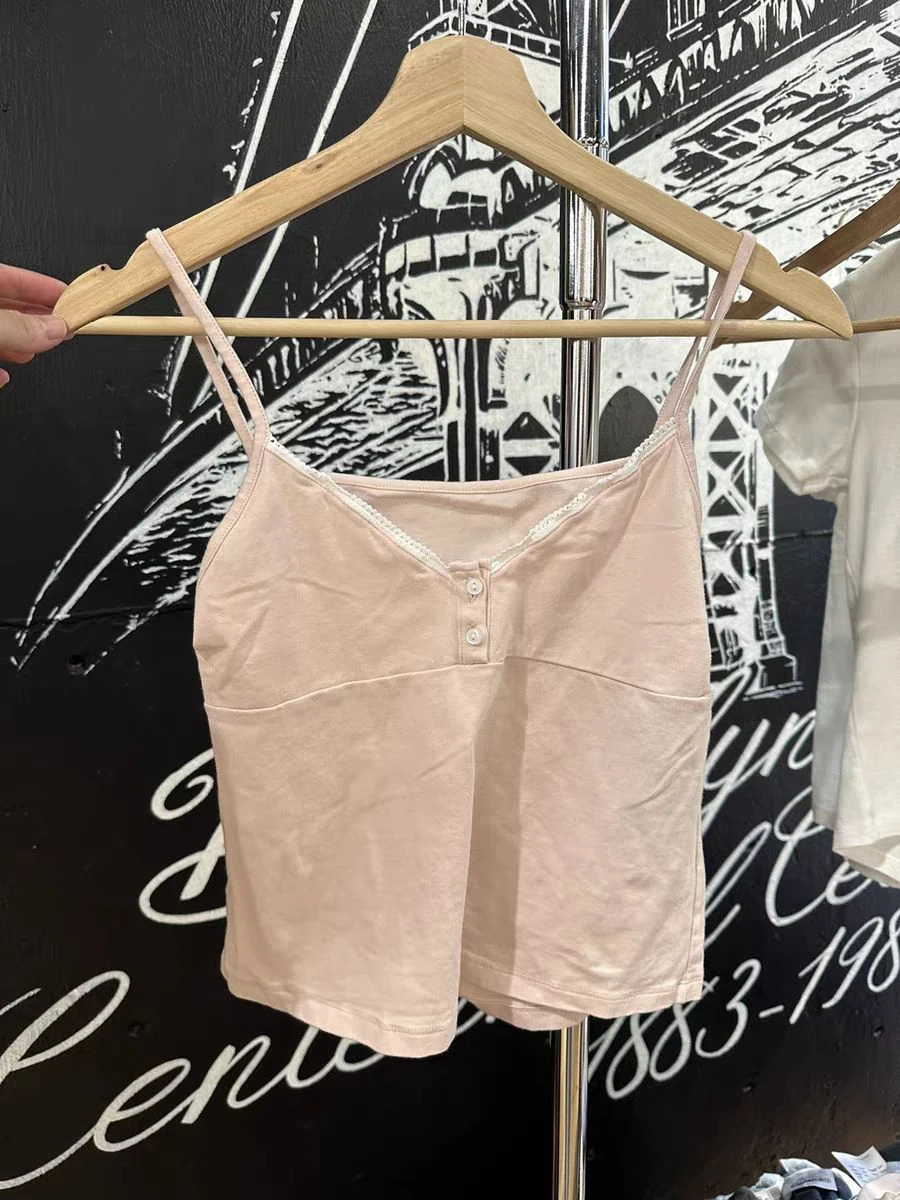 

Pink Buttons Cotton Crop Top Summer Lace Trim Sleeveless Slim Tank Tops Women Preppy Style Sweet Cute Camisole Y2k Clothes﻿﻿﻿﻿