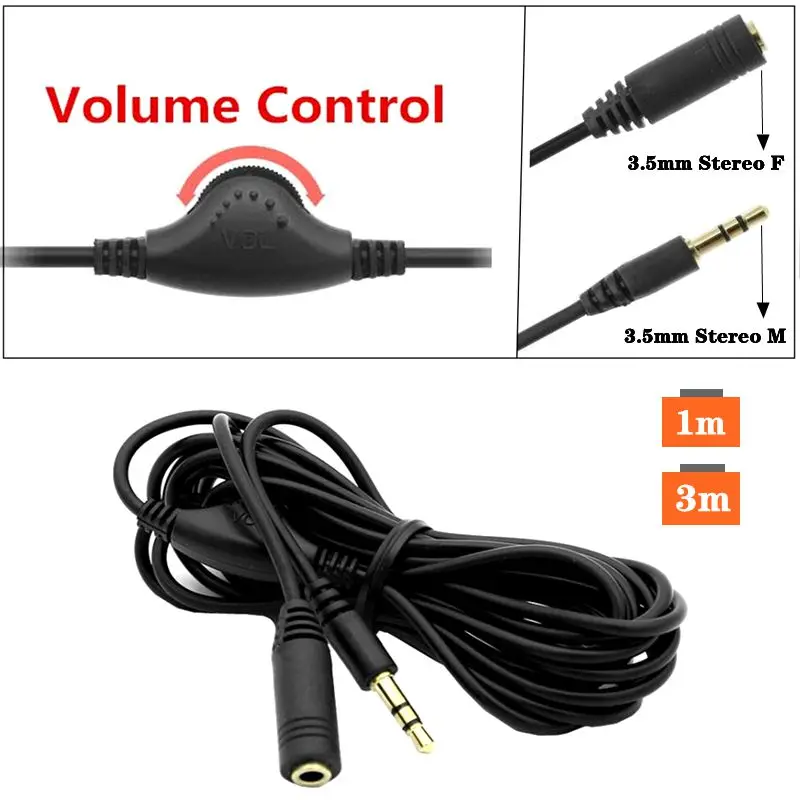 

DC3.5mm Stereo Male To Female Audio Extension Cable 3.5mm Splitter With Volume Switch Volume Control