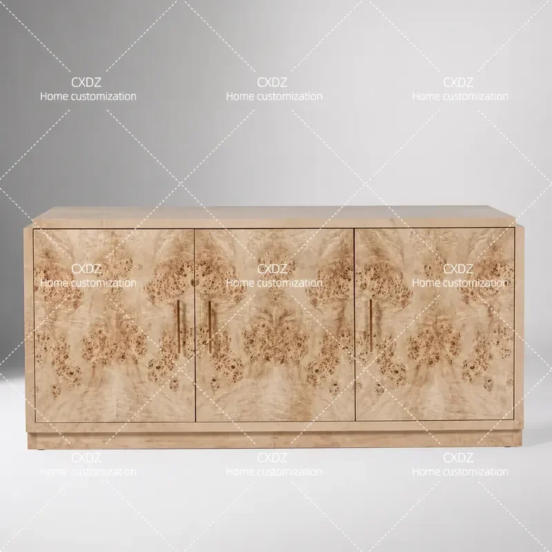 Medieval Solid Wood Dining Side Cabinet Three Door Storage Retro Light Luxury Burl Wood Finish Living Room Console