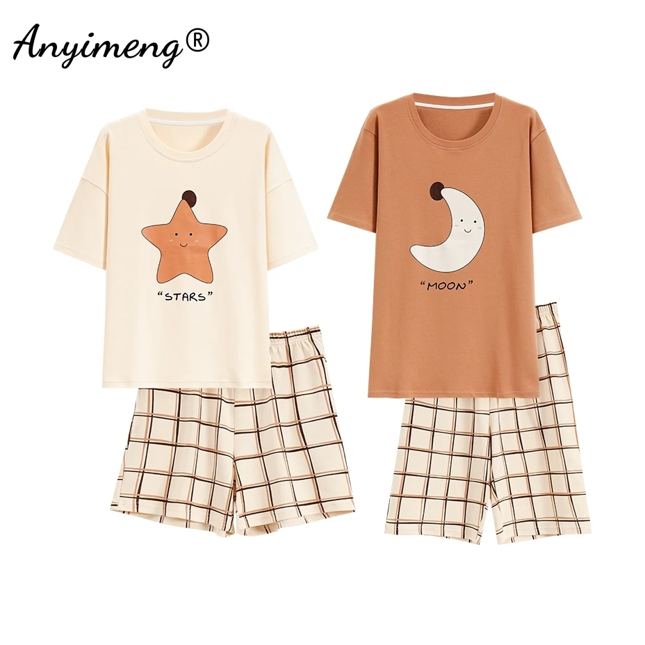 100% Cotton Soft Cotton Kawaii Cartoon Sleepwear for Lovers Summer New Fashion Short Sleeve Short Pants Couple\'s Pajamas