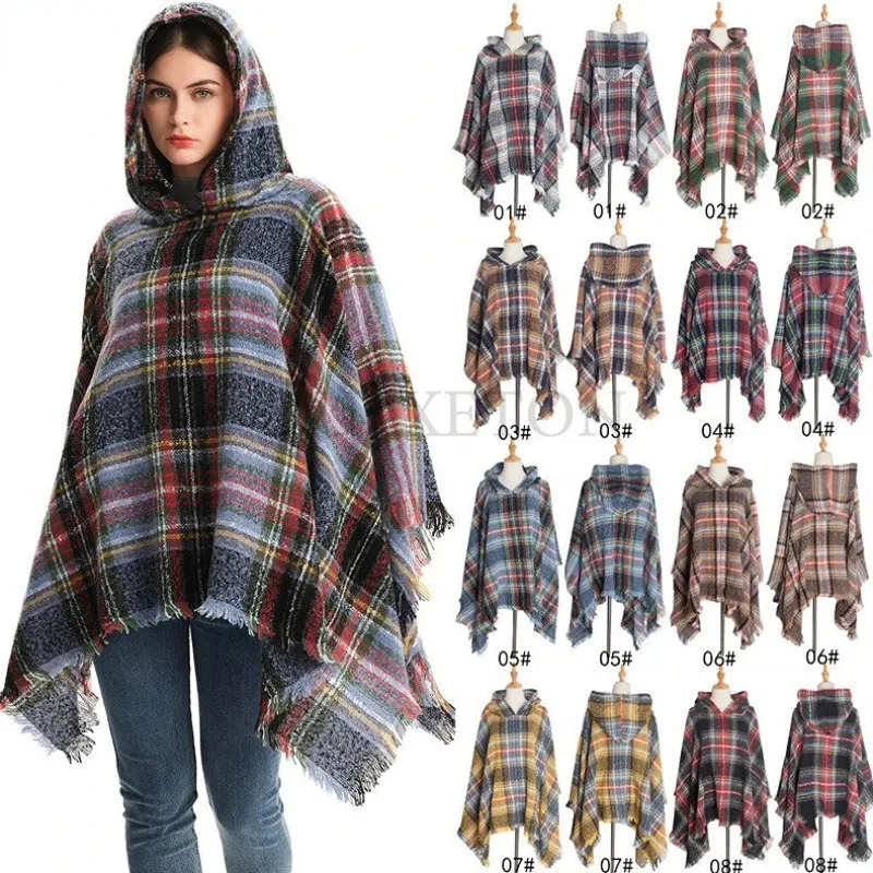 Fashion Ladies Hooded Plaid Cape Square Sweater Thicken Winter Shawl Wraps Blanket Scarf Coat Ponchos for Women