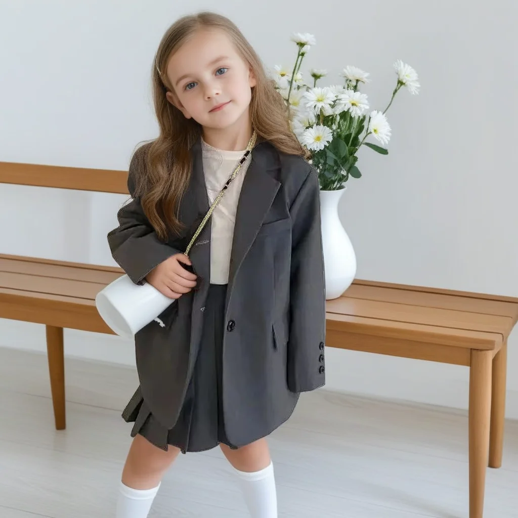 

School Girls Grey Suit Autumn Jacket Pleated Skirt 2pc Outfits Set for Kids Fashion Blazer 10 12 Years Teens Children Costumes