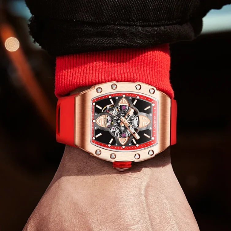 HANBORO Men Automatic Watch 50mm Tonneau Case Mechanical Wristwatch Luminous 5ATM Skeleton Dial