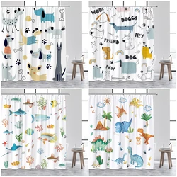 Funny Cartoon Dogs Shower Curtain Cute Dinosaur Tropical Fish Animals Footprints Kids Bath Curtains Polyester Bathroom Decor Set